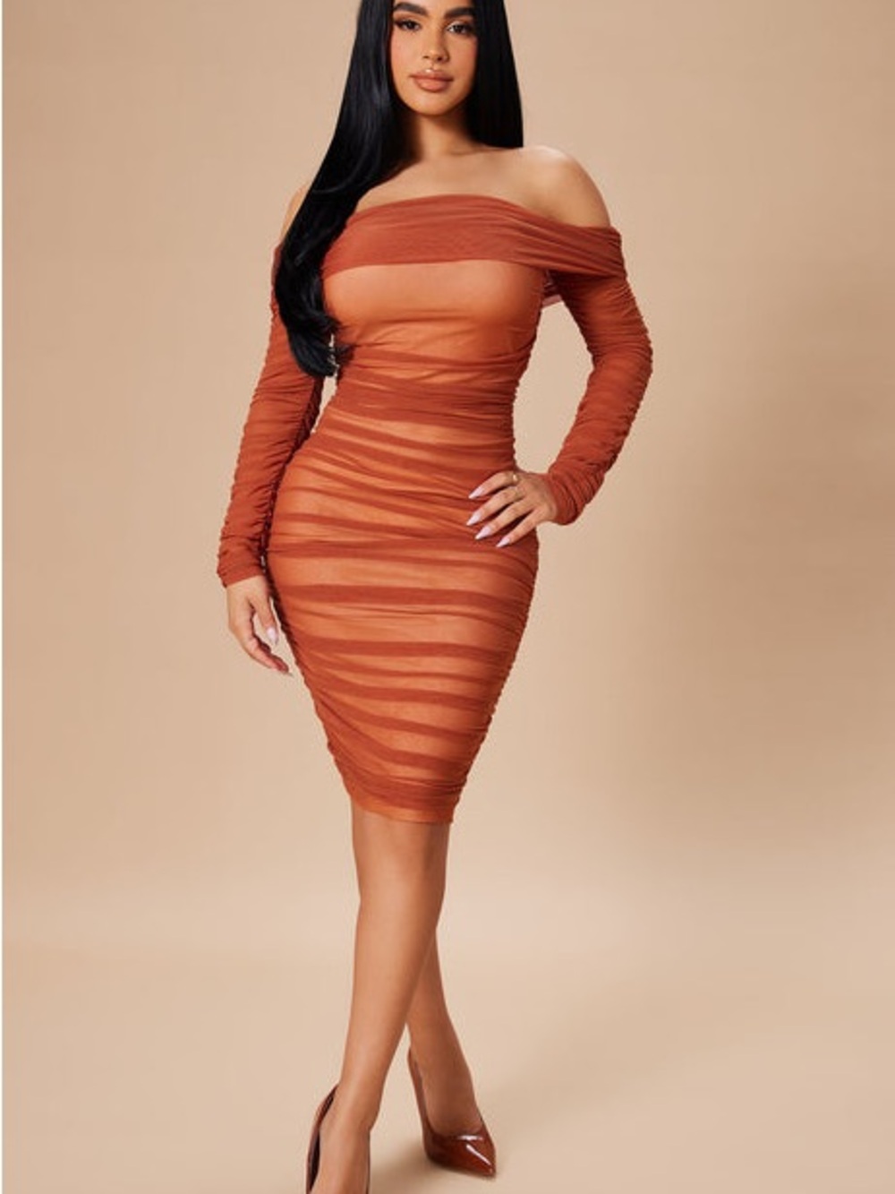 Fashion nova Off-Shoulder Ruched Bodycon Dress in Rust Medium